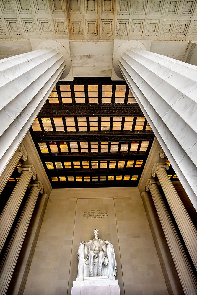 Tall white columns-Lincoln Memorial-Washington DC-Dedicated 1922-statue by Daniel French